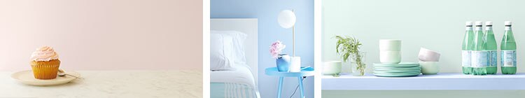 Trois murs enduits de couleurs provenant de la palette Tendances Couleur 2020 de Benjamin Moore.