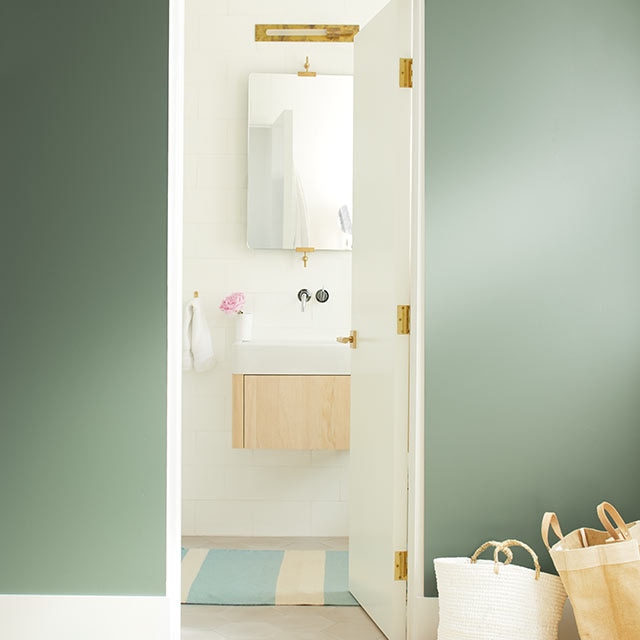Una pared verde oscuro conduce a un baño neutro, brillante Una pared verde oscuro conduce a un baño neutro, brillante