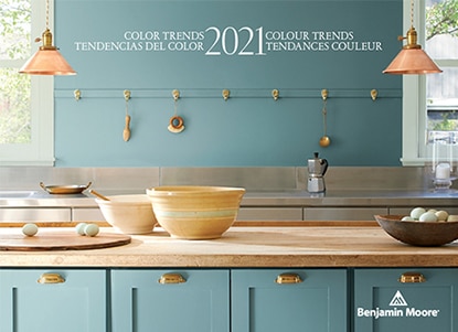 A kitchen with walls and cabinets painted with the Color of the Year 2021, Aegean Teal 2136-40. A kitchen with walls and cabinets painted with the Color of the Year 2021, Aegean Teal 2136-40.