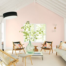 A casual living room with a light pink-painted accent wall. A casual living room with a light pink-painted accent wall.