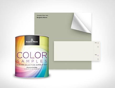 A Benjamin Moore Color Sample; a 12x12 peel-and-stick color sample in October Mist 1495, a soft sage green and our Color of the Year 2022; and a neutral 4x8 color swatch.