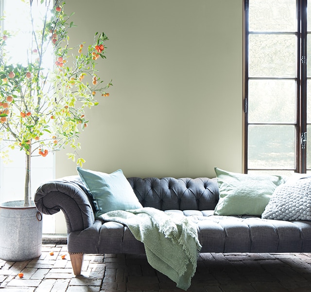 A living room with wall painted in October Mist 1495, a sage green, with gray couch, green accent pillows, and a flowering indoor tree.