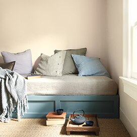 A daybed painted in Aegean Teal 2136-40 and walls in Muslin OC-12. A daybed painted in Aegean Teal 2136-40 and walls in Muslin OC-12.