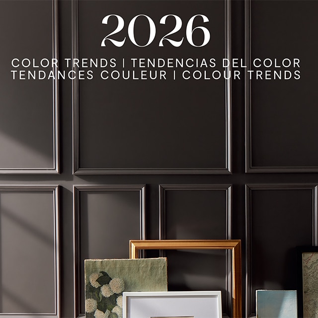 Artwork and frames arranged on a floor against a deep chocolate brown-painted wall with decorative molding.