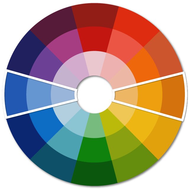 A colour wheel with a white perimeter around a section of blue hues and a section of orange hues.