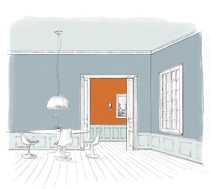 A sketch of a dining area with blue-painted walls, a light blue-painted ceiling and wainscotting, and two doors opening to a bright orange hallway.