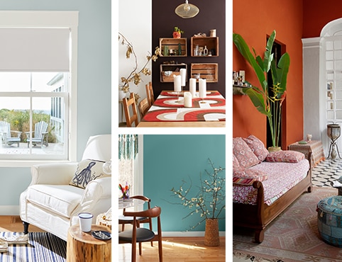 Un collage de salas de estar y comedores pintados con los colores de pintura de Benjamin Moore.