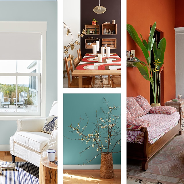 A collage of living and dining rooms painted in Benjamin Moore paint colors.