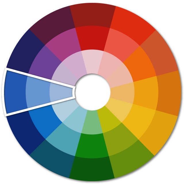 A color wheel with a white perimeter around one section of monochromatic blue hues.