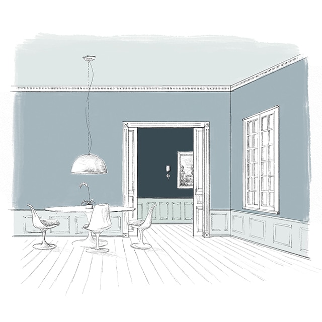 Croquis d’une salle à manger aux murs bleus avec plafond et lambris d’appui bleu pâle, et deux portes ouvrant sur un couloir bleu marine.