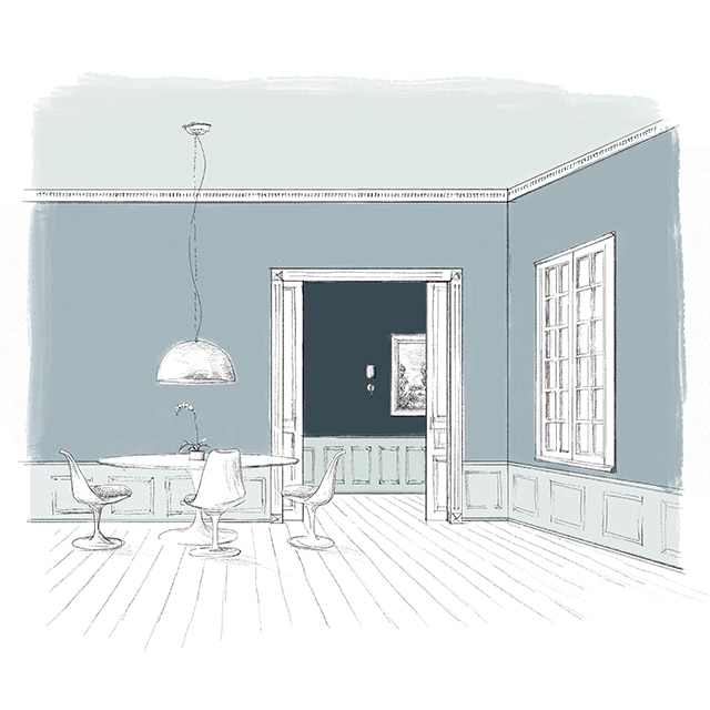 A sketch of a dining area with blue-painted walls, a light blue-painted ceiling and wainscotting, and two doors opening to a dark navy blue hallway.