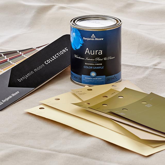 A color sample of Aura paint sitting on top of a tarp with a collections fan deck and neutral color swatches.