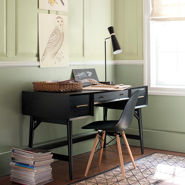 Un bureau à domicile monochrome présentant des murs peints en deux tons de vert et deux photos accrochées au-dessus d’un bureau et d’une chaise noirs.