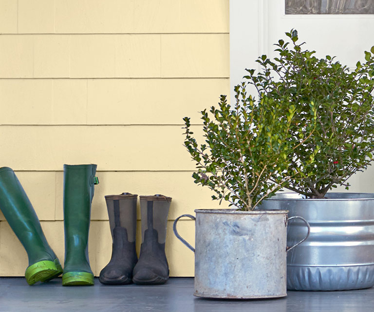 The front porch of a home with yellow siding, window in white trim, potted plants, and rubber boots.