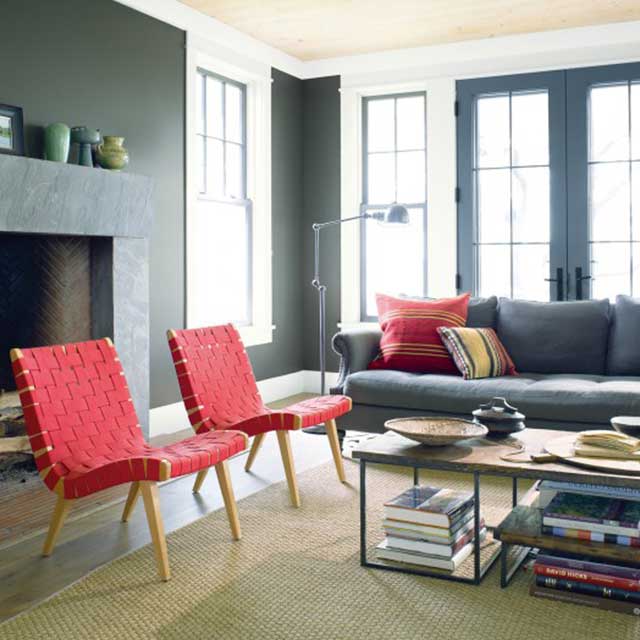 Bright living room with walls painted in Sharkskin 2139-30.