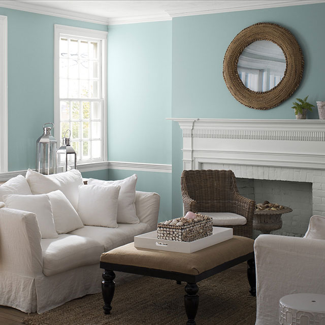 A living room painted in Gossamer Blue 2123-40 to show the impact of cool paint colors.