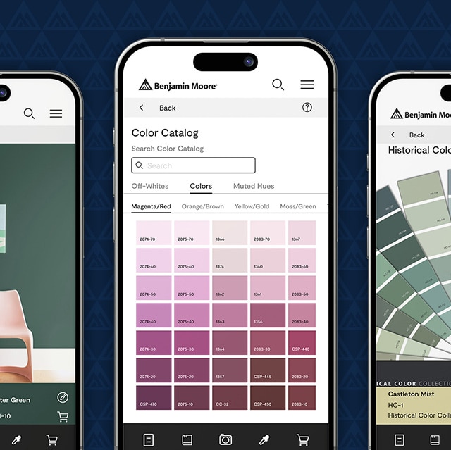 Three smart phones with visuals of the Benjamin Moore Color Portfolio® app.