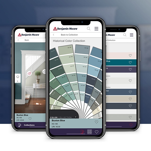 Three smart phones with visuals of the Benjamin Moore Color Portfolio™ app.