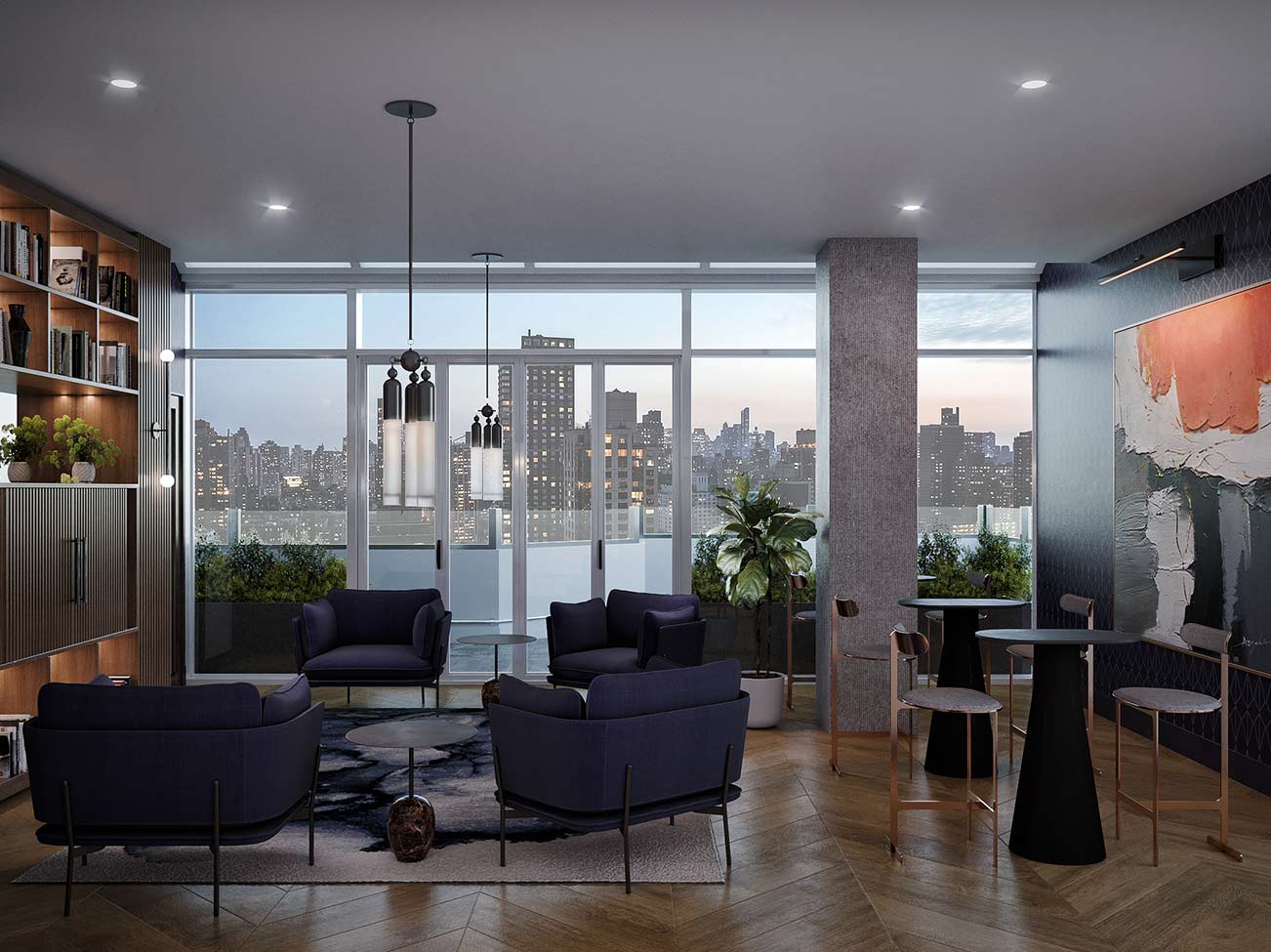 City views seen from floor-to-ceiling windows in a contemporary city apartment with modern furnishings and a deep blue accent wall.
