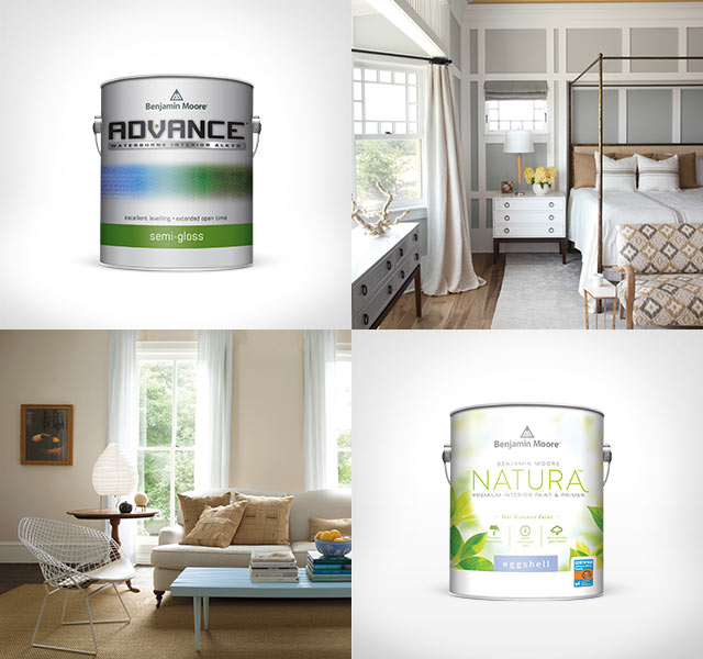 Individual cans of ADVANCE® Interior Paint, Benjamin Moore NaturaTM Paint and ben® Interior Paint are interspersed between interior photos of a living room, bedroom, kitchen and dining room. Individual cans of ADVANCE® Interior Paint, Benjamin Moore NaturaTM Paint and ben® Interior Paint are interspersed between interior photos of a living room, bedroom, kitchen and dining room.