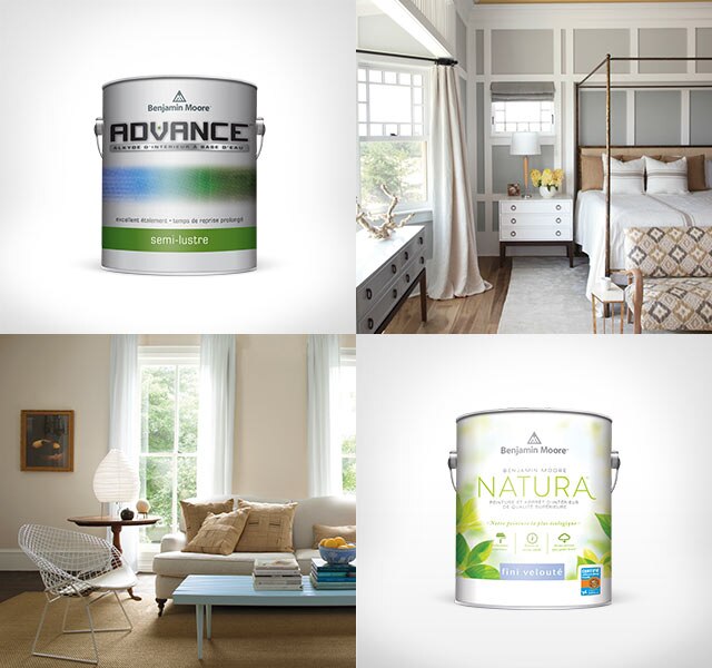 Des contenants individuels de peinture ADVANCEMD d'intérieur, Benjamin Moore NaturaMC et benMD d'intérieur sont intercalés entre des photos montrant une salle de séjour, une chambre, une cuisine et une salle à manger. Des contenants individuels de peinture ADVANCEMD d'intérieur, Benjamin Moore NaturaMC et benMD d'intérieur sont intercalés entre des photos montrant une salle de séjour, une chambre, une cuisine et une salle à manger.