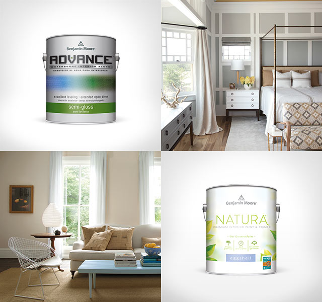 Individual cans of ADVANCE® Interior Paint, NATURA® Paint and ben® Interior Paint are interspersed between interior photos of a bedroom, living room, kitchen and dining room. Individual cans of ADVANCE® Interior Paint, NATURA® Paint and ben® Interior Paint are interspersed between interior photos of a bedroom, living room, kitchen and dining room.