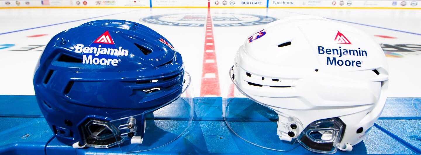 New York Rangers helmets with Benjamin Moore logo.