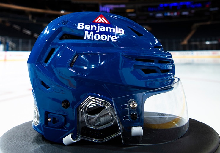 New York Rangers helmets with Benjamin Moore logo.