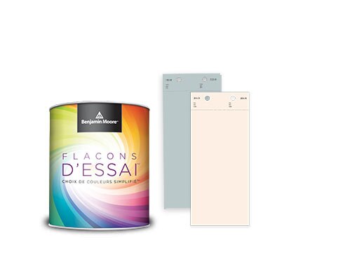 Un flacon d’essai Benjamin Moore en format de 473 ml et un échantillon de couleur gris. Un flacon d’essai Benjamin Moore en format de 473 ml et un échantillon de couleur gris.
