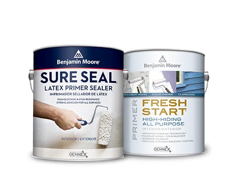 Benjamin Moore Sure Seal Latex Primer Sealer and Fresh Start Interior Primer.