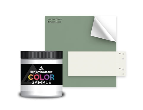 A Benjamin Moore paint color sample; a peel-and-stick color sample in October Mist 1495, a soft sage green and our Color of the Year 2022; and a neutral 4