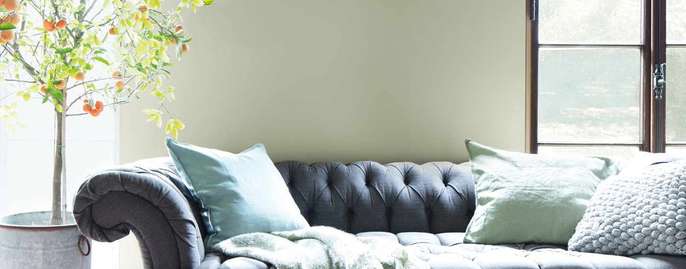 A living room with classic gray couch, green accent pillows, indoor tree, and sage green-painted walls with wood trim.