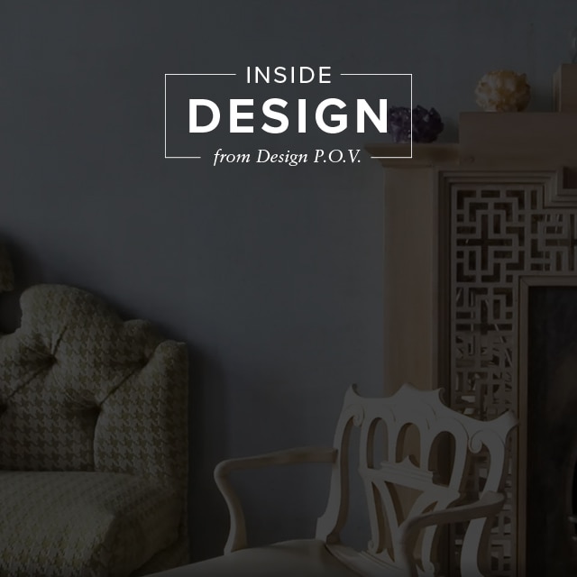 A living room with a herringbone-printed couch, wooden chair, and ornate fireplace, featuring a headshot of Eric Cohler.