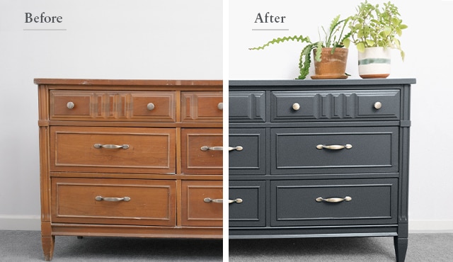 Two images, the first is a wood dresser cabinet, the second is a painted dresser cabinet.