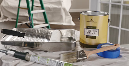 Benjamin Moore Waterborne Ceiling Paint, paint brush, roller & tray, tape and extension pole