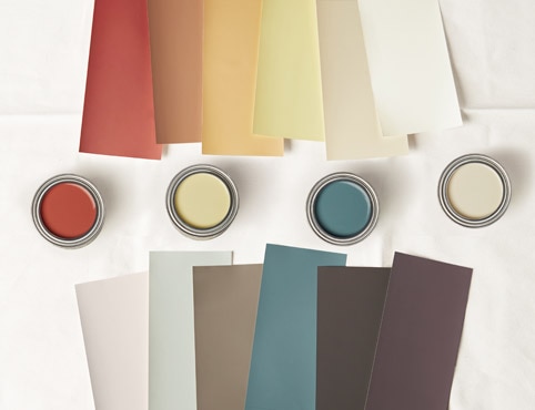 Open cans of paint colour samples and an array of colour swatches. 