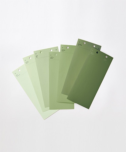 A display of Color Swatches in varying shades of green paint colors.