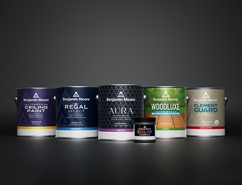 Gallons of Benjamin Moore Waterborne Ceiling Paint, Regal® Select and Aura® Paint, Woodluxe® Stain, Element Guard®, and an 8 oz. color sample.