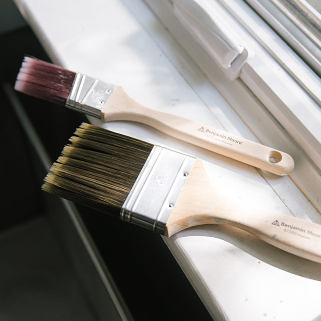 Two dried and clean paintbrushes in front of a window.