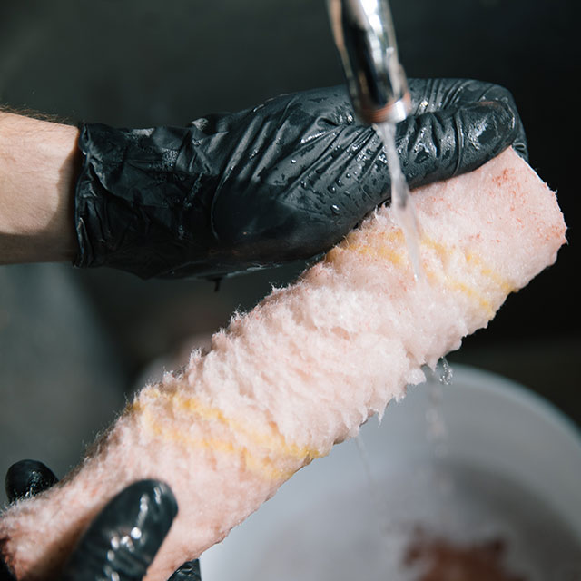 A homeowner rinsing a roller cover in a sink. 