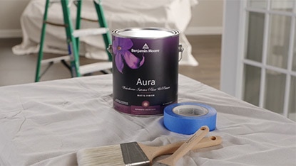 Benjamin Moore Aura Bath & Spa paint, paint brushes and tape