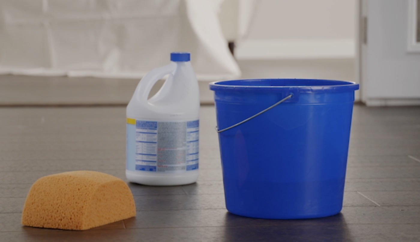Blue bucket, sponge and wall cleaner solution to prepare walls for painting.