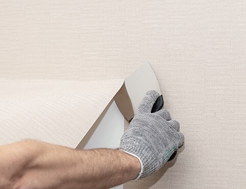 A homeowner removing wallpaper from a white wall.
