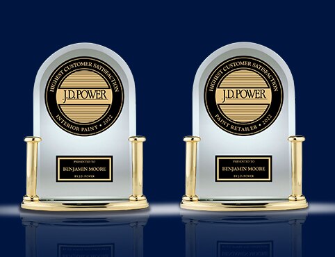 A J.D. Power Award trophy honoring Benjamin Moore for the highest customer satisfaction for the Interior Paints and Paint Retailers segments of the J.D. Power 2022 Paint Satisfaction Study.