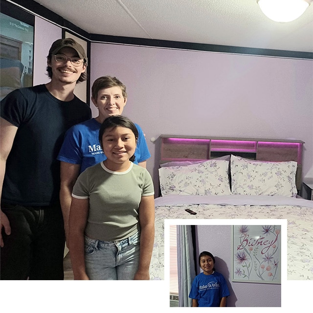 Britney, along with family and Make-A-Wish volunteers, pose in her new room makeover, painted in a soothing lavender with a white ceiling, black trim, and floral bedding.