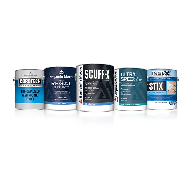 A gallon of Corotech® Waterborne Epoxy, Regal® Select Interior paint, Scuff-X® Interior paint, Ultra Spec® Self Sealing Interior paint and Insl-X® Stix® primer.