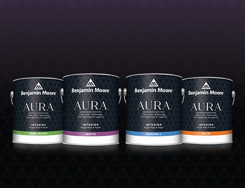 Four gallons of AURA Interior paint in semi-gloss, matte, eggshell and satin finishes.