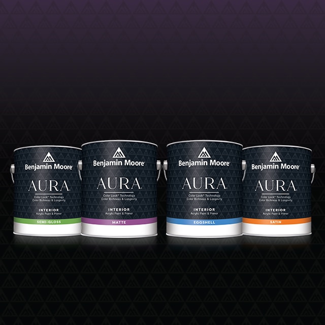 Four gallons of AURA Interior paint in semi-gloss, matte, eggshell and satin finishes.