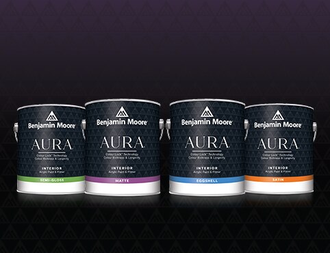 Four 3.79 L cans of AURA® Interior paint in semi-gloss, matte, eggshell and satin finishes.