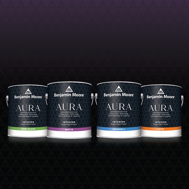 Four 3.79 L cans of AURA® Interior paint in semi-gloss, matte, eggshell and satin finishes.